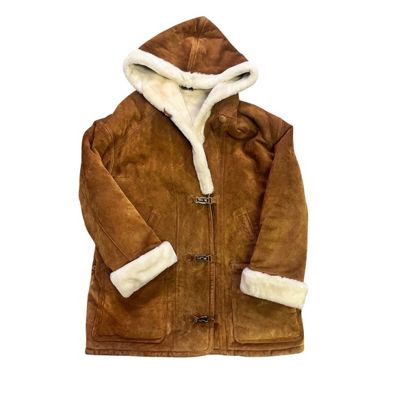 Jackets & Blazers - Suede Vintage Sherpa Lined Hooded Toggle Leather Coat Brown‎ Womens Size M